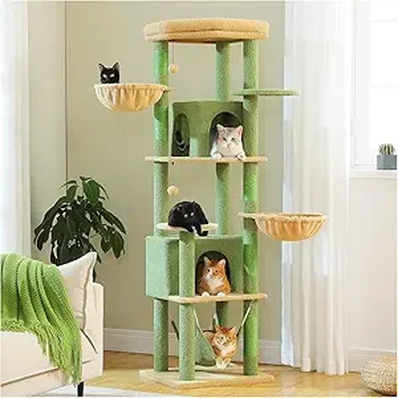 PAWZ Road Tall Cat Tower, 70 Inch Cat Tree with Hammock, 5 Scratching Posts, 2 Condos and a Large Top Perches for Large Cats
