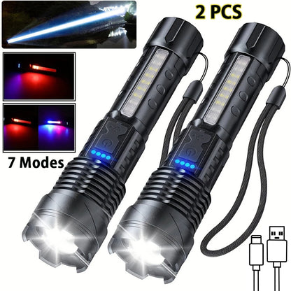 1/2Pcs High Lumens Flashlights, Rechargeable Led Flashlights with 7 Light Modes, Powerful Handheld Flashlight for Camping
