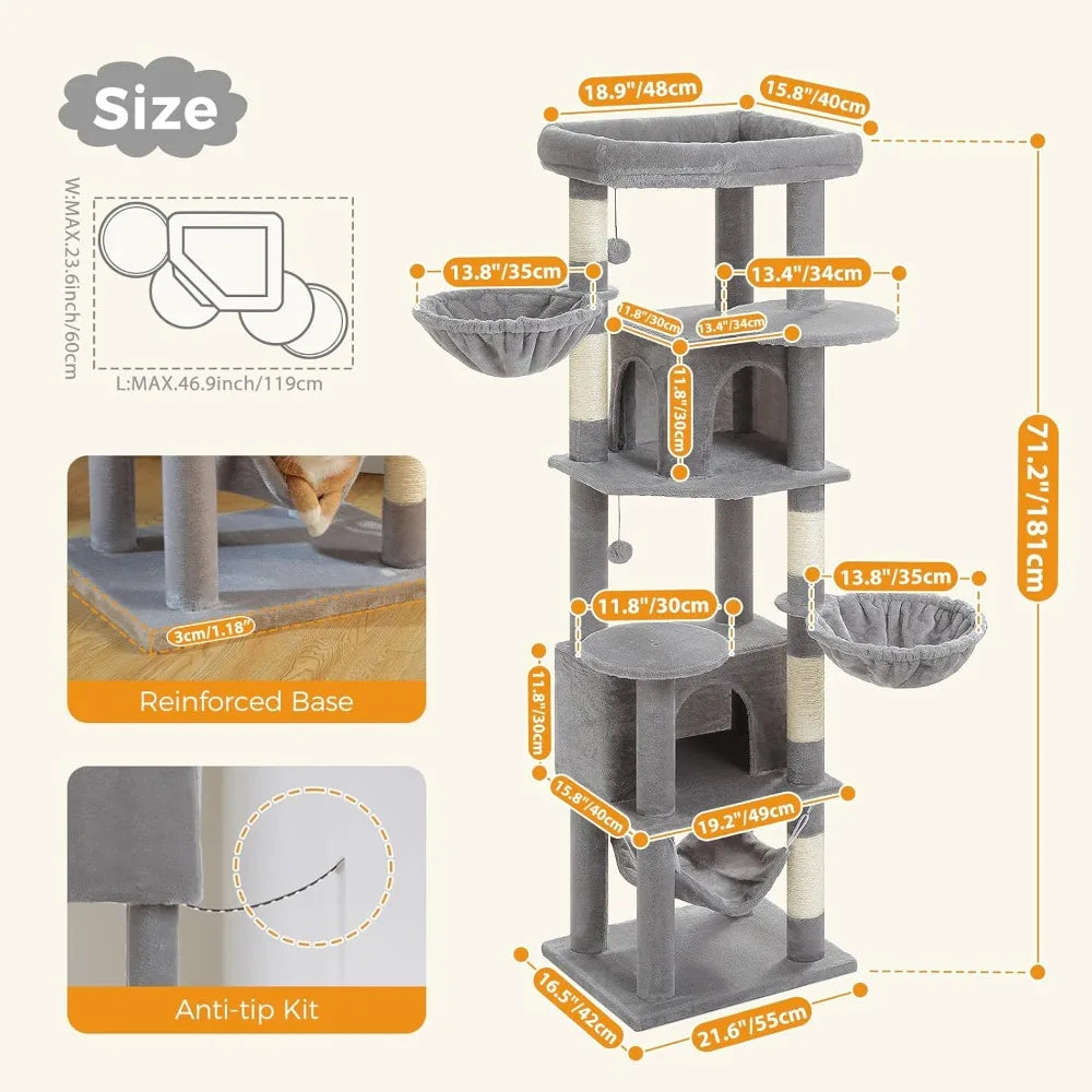PAWZ Road Tall Cat Tower, 70 Inch Cat Tree with Hammock, 5 Scratching Posts, 2 Condos and a Large Top Perches for Large Cats