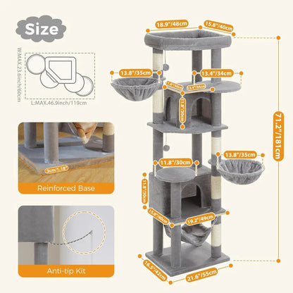 PAWZ Road Tall Cat Tower, 70 Inch Cat Tree with Hammock, 5 Scratching Posts, 2 Condos and a Large Top Perches for Large Cats