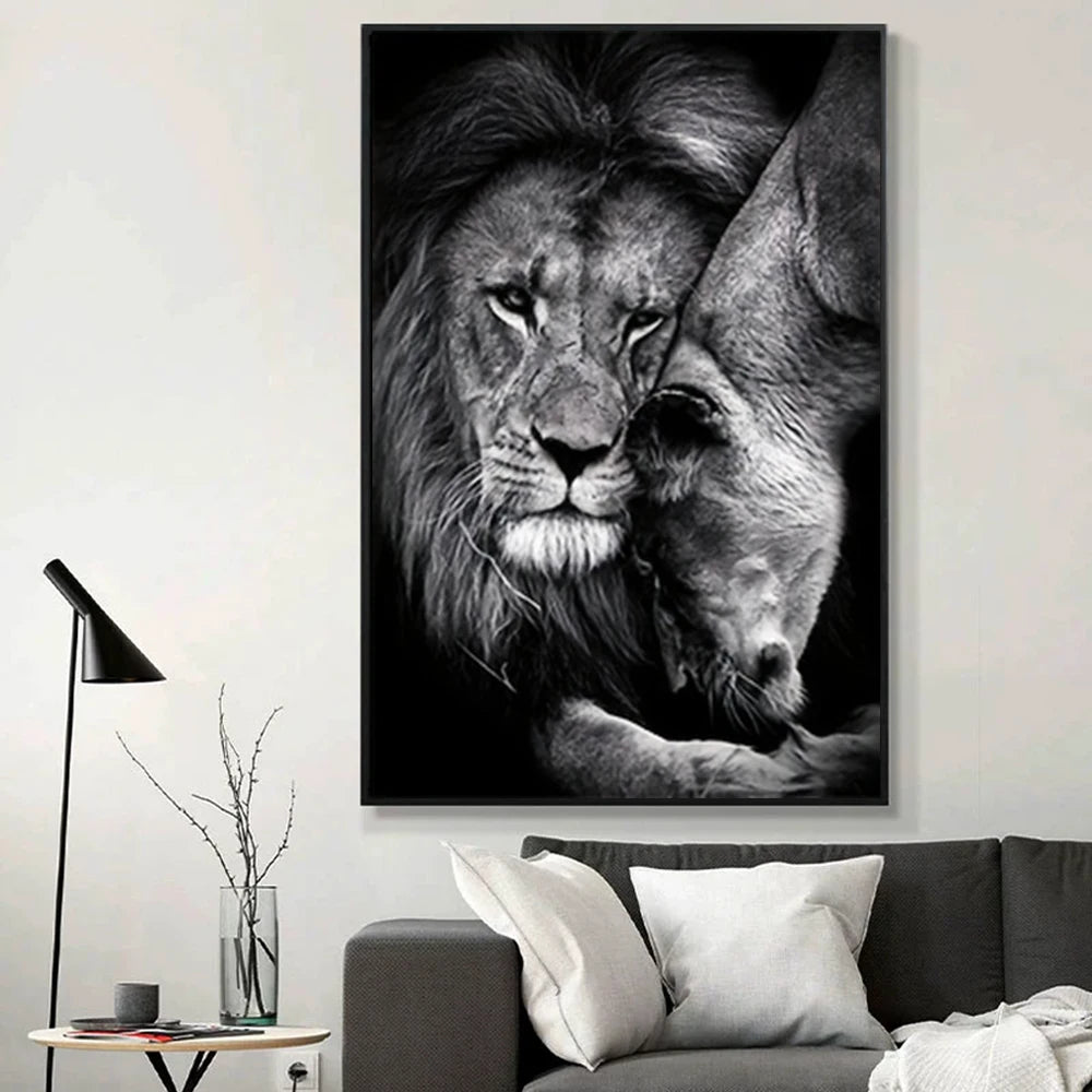 3Pcs Modern Lion Family Canvas Wall Art Black and White Animal Poster Pints for Bedroom Decor Aesthetic Wall Art Home Decor