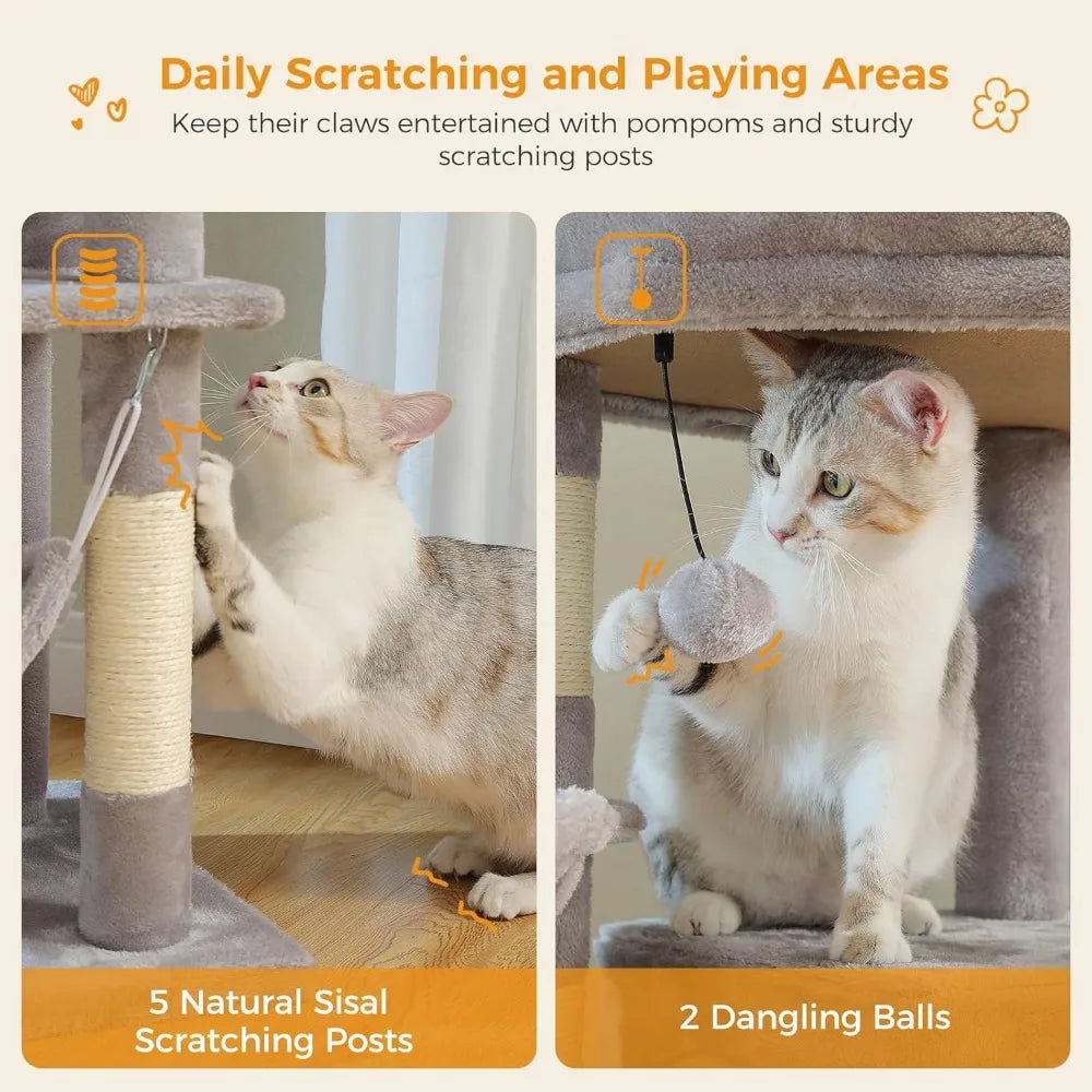 PAWZ Road Tall Cat Tower, 70 Inch Cat Tree with Hammock, 5 Scratching Posts, 2 Condos and a Large Top Perches for Large Cats