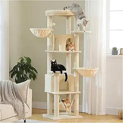 PAWZ Road Tall Cat Tower, 70 Inch Cat Tree with Hammock, 5 Scratching Posts, 2 Condos and a Large Top Perches for Large Cats