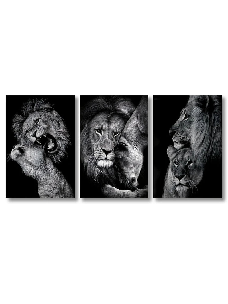 3Pcs Modern Lion Family Canvas Wall Art Black and White Animal Poster Pints for Bedroom Decor Aesthetic Wall Art Home Decor