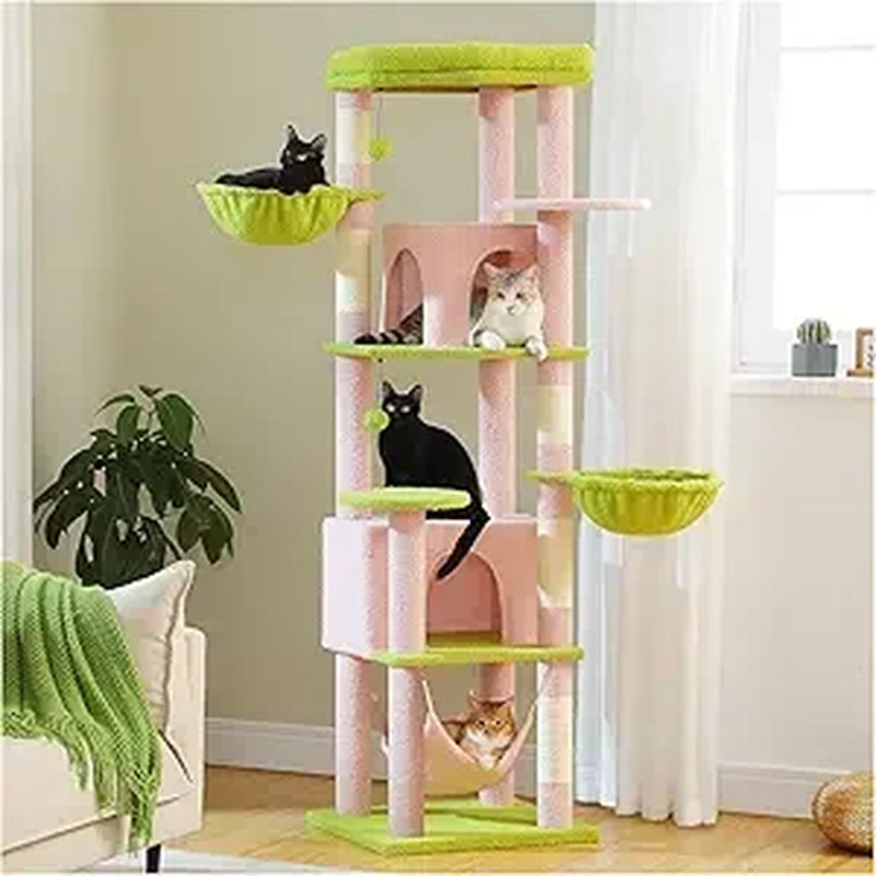 PAWZ Road Tall Cat Tower, 70 Inch Cat Tree with Hammock, 5 Scratching Posts, 2 Condos and a Large Top Perches for Large Cats