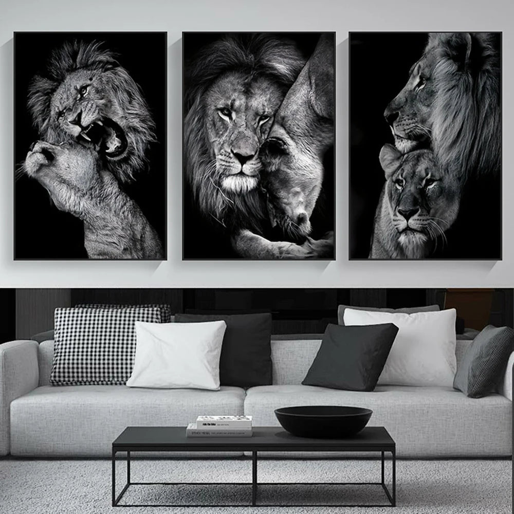 3Pcs Modern Lion Family Canvas Wall Art Black and White Animal Poster Pints for Bedroom Decor Aesthetic Wall Art Home Decor