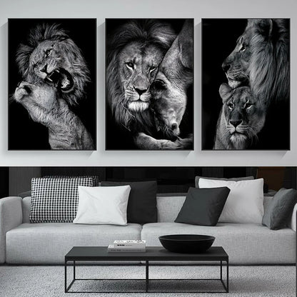 3Pcs Modern Lion Family Canvas Wall Art Black and White Animal Poster Pints for Bedroom Decor Aesthetic Wall Art Home Decor
